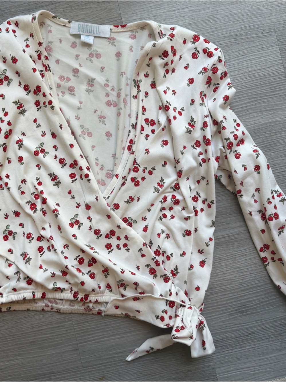 Tie-Front Floral Blouse in Cream with Red Rose Print